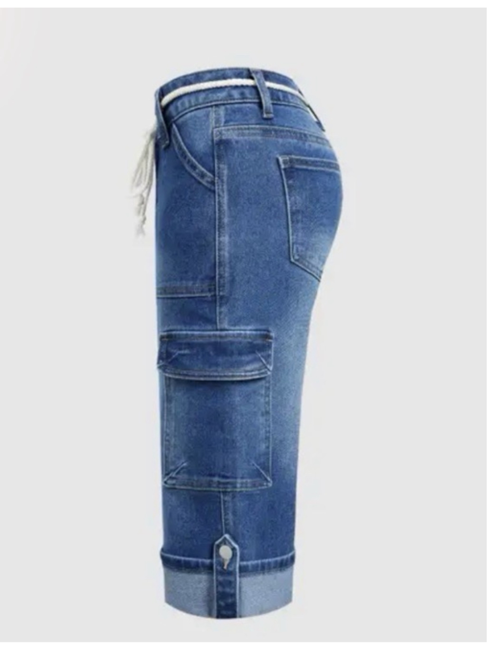 Wash Roll Hem Flap Pocket Belted Mid Rise Denim Bermuda Shorts “2XL - Picture 6 of 13